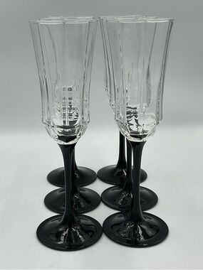 Vintage 80s Arcoroc Luminarc France Black Stem Octime Champagne Flutes Set of 6